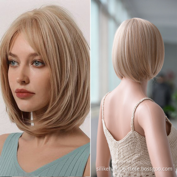Wholesale Ombre Ash Blonde Color Machine Made Short Bob Wigs With Bangs For Black Women Daily Use Heat Resistant Synthetic Wig